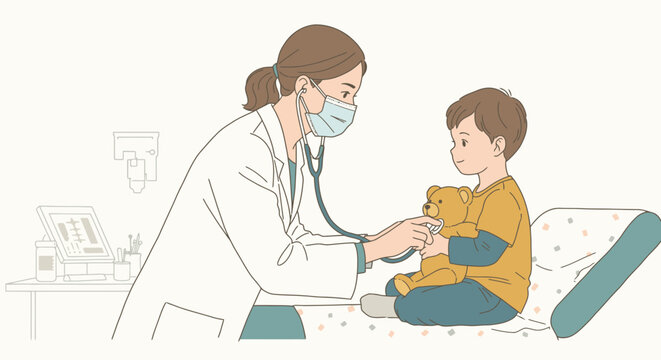 A compassionate female doctor wearing a face mask carefully listens to a young boy's heart with a stethoscope during his pediatric examination.