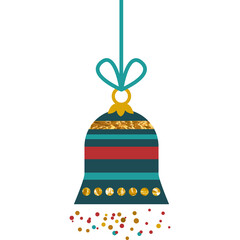 Hanging Christmas Bell With Teal Blue Ribbon and Golden Glitter Accents Festive Confetti Falling Against Transparent Background