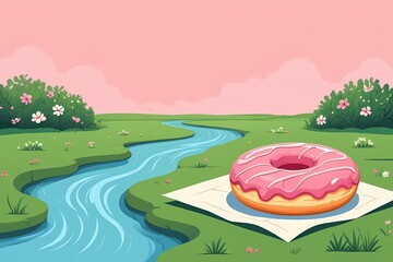 Donut on a picnic blanket by a river in a cartoon style illustration