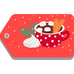 Hot Chocolate Tag Festive Red and White Polka Dot Design with Marshmallows and Cinnamon Sticks a Cozy Winter Treat Illustration