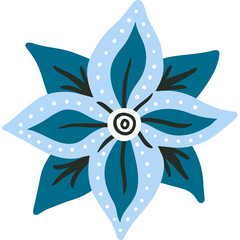 Decorative stylized flower illustration in shades of blue and teal with a white and black center and black accents on a transparent background