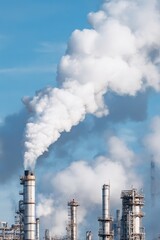 A tall industrial smokestack emits thick white smoke against a clear blue sky, highlighting environmental concerns related to air pollution.