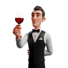Elegant 3D rendering of a sommelier holding a glass of red wine checking the color perfect for restaurant and beverage concepts