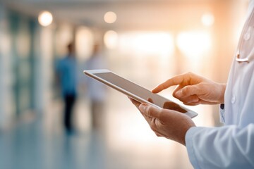 A healthcare professional uses a tablet in a hospital setting, highlighting the integration of technology in medicine.