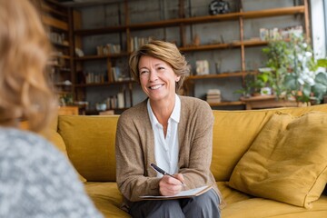 A smiling woman engages in conversation while taking notes, sitting comfortably on a yellow couch in a cozy, book-filled room.