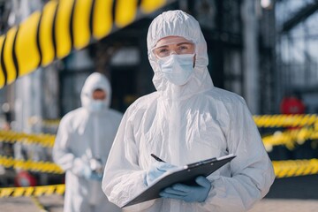 A person in protective gear takes notes at a restricted site marked with caution tape, highlighting safety protocols and health measures.