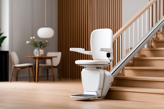A modern stairlift positioned beside a staircase in a stylish interior, offering accessibility and comfort in a contemporary home setting.