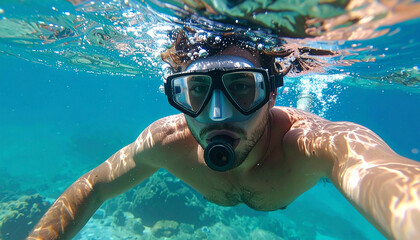Naklejka premium Man snorkeling underwater in clear tropical sea taking selfie near coral reef, underwater travel adventure and summer vacation lifestyle photography