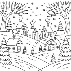 Obraz premium Cozy Snowy Village Scene Coloring Page for Kids and Adults