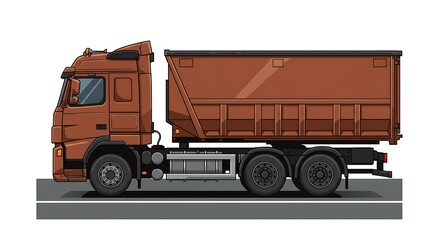 Side view of a brown dump truck on a gray road.