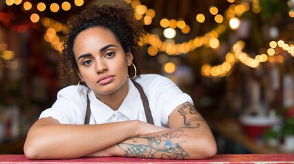 establishment. Small business owner focused on work at restaurant table with blurred background. pitch deck slides, case study pages, designed for brand storytelling and e-commerce strategy.