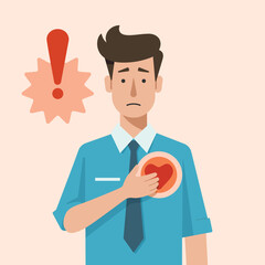 Stressed office worker holding chest with heart pain and alert symbol