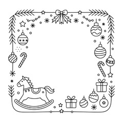 Festive Christmas Frame with Ornaments, Gifts, and Candy Canes Coloring Page for Kids and Adults