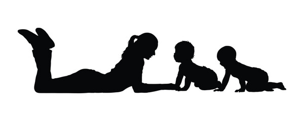 Mother lying prone on the floor with her babies isolated black silhouette on white background vector illustration.