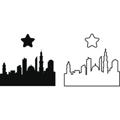 A cityscape silhouette and outline illustration with stars against a plain white background design vector