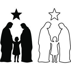 Silhouette nativity scene featuring mary joseph and jesus under a star in black and white outline version