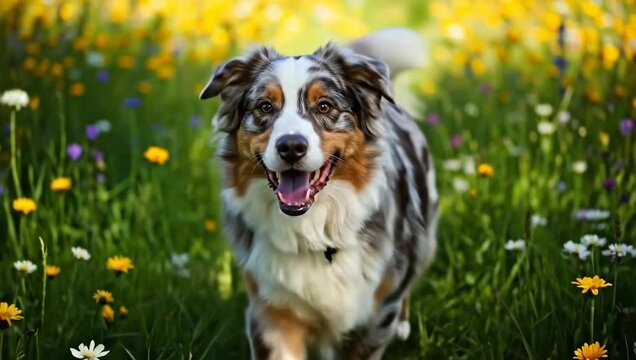 Happy dog running through a field of wildflowers in the sunshine.