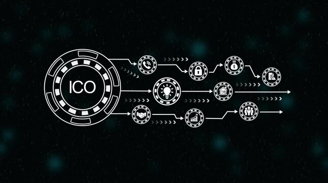 I C O Initial Coin Offering Token Symbol Arrow Flow Digital Currency Blockchain Finance Technology Concept Animation