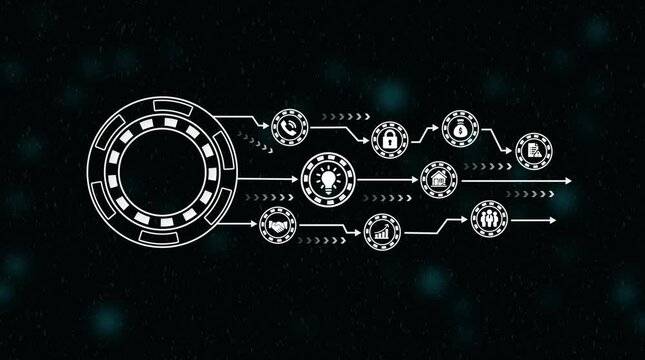 Futuristic H U D interface element with data flow arrows and digital particles on a dark background representing technology and innovation
