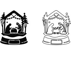 Nativity scene in snow globe silhouette and outline christmas holiday religious holy family jesus christ child