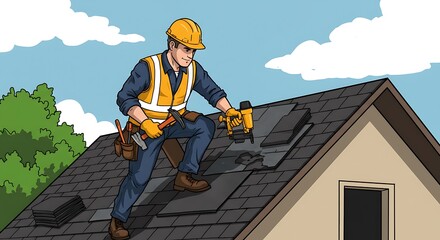 Professional Roofer Installing Asphalt Shingles on a Residential House Roof.