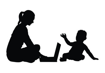 Mother sitting on the floor and working on laptop with her baby toddler boy black silhouette vector illustration.