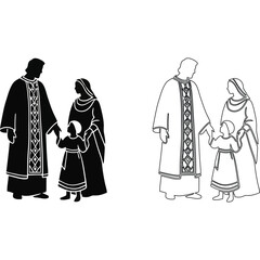 Black and white illustration depicting two adults and a child in traditional clothing standing together side by side silhouette