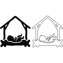 Two nativity scene illustrations depicting baby jesus in a manger one filled and one outline drawing style silhouette