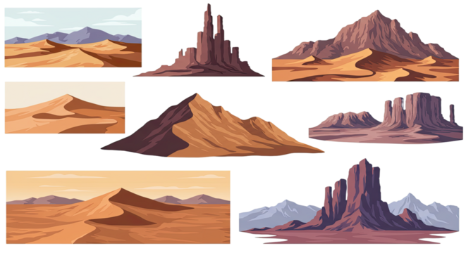 Collection of desert landscapes with sand dunes and rocky formations in a warm color palette, ideal for nature, travel, or adventure projects