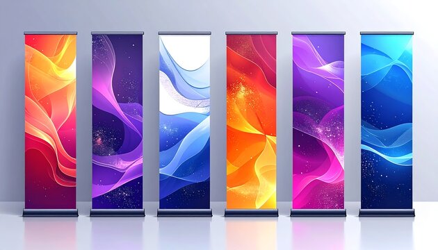 Set of six vibrant roll-up banners with abstract fluid designs