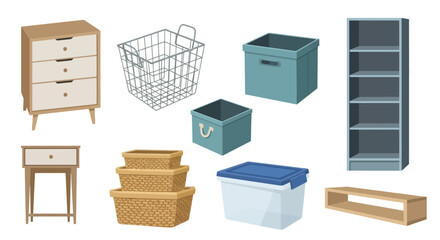 A diverse set of household furniture and storage containers for interior design and home organization concepts