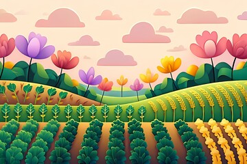 Fototapeta premium A colorful cartoon landscape with fields, flowers, and a pastel sky