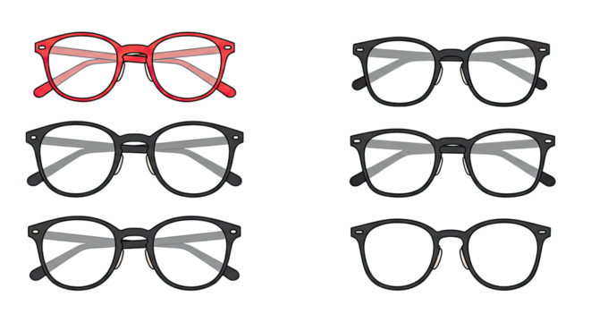 Collection of eyeglasses in various styles and colors isolated on white background, perfect for eyewear and fashion projects