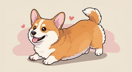 Adorable Corgi Dog in Playful Pose with Pink Hearts and Happy Expression.