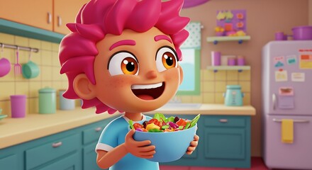 Happy Boy Holding Bowl of Colorful Salad in Kitchen.