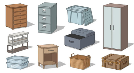 Assortment of Furniture Chests, Boxes, and Cabinets Illustration
