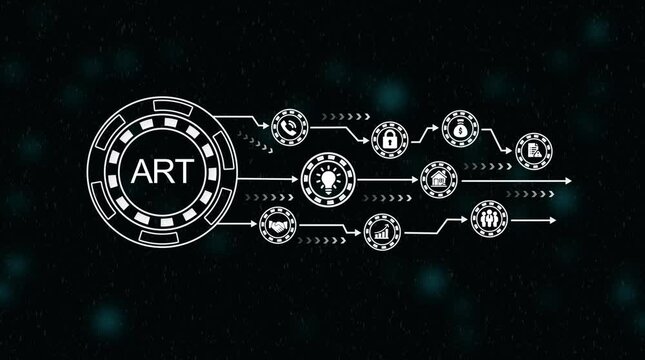 Abstract art concept circular graphic with outgoing arrows and data points on dark background with bokeh effect