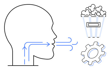 Human head profile with airflow arrows symbolizing breathing, cogwheel representing processmechanism, and popcorn bucket denoting creative ideas. Ideal for health, innovation, creativity