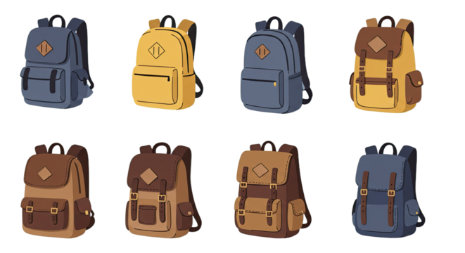 Collection of various styles and colors of backpacks and rucksacks, ideal for travel, school, hiking, and outdoor adventures