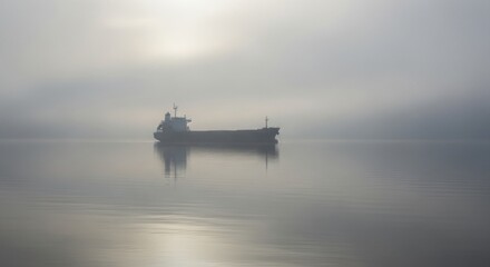 Large cargo ship sailing through calm foggy sea in minimal serene atmosphere.