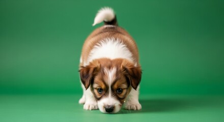 Cute puppy on green screen looking at camera. Adorable brown and white furry dog pet animal. Chromakey element.