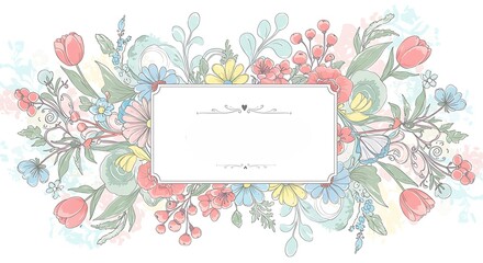 Floral Watercolor Frame with Tulips and Delicate Foliage.