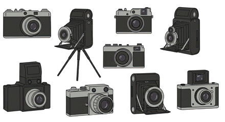 Collection of vintage and retro cameras isolated on white background, classic photography equipment for photo enthusiasts and collectors