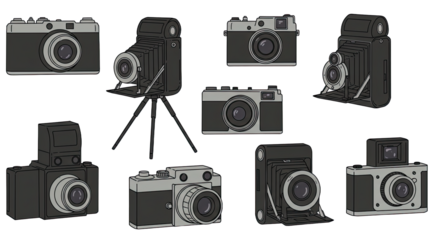 Collection of vintage and retro cameras isolated on white background, classic photography equipment for photo enthusiasts and collectors