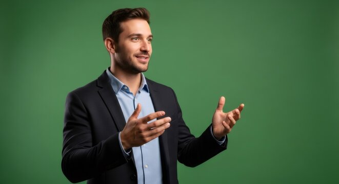 Man gesturing with hand on green screen background. Businessman explaining concept with open palm effect for chromakey video.