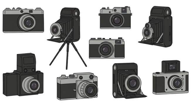 Collection of vintage and retro cameras isolated on white background, classic photography equipment for photo enthusiasts and collectors