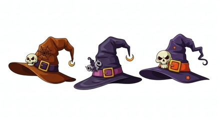 Halloween witch pointy hats. Spooky thorn wizard hats, trick or treat october party magic costume element flat vector illustration set. Hand drawn magician hats collection