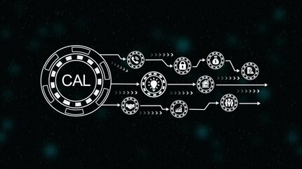 Futuristic digital data flow with C A L chip icon and outgoing arrows on dark particle background CAL chip - Powered by Adobe