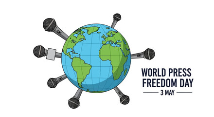 World Press Freedom Day Illustration A Globe Surrounded by Microphones - Celebrate on May 3rd