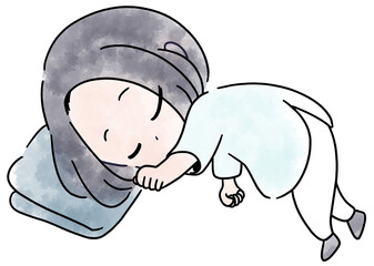 お昼寝する女性の水彩カラー